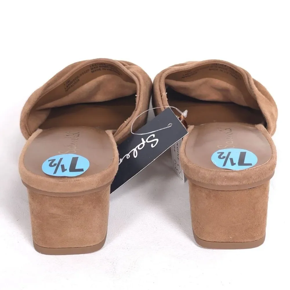 Splendid New Lanis GENUINE SUEDE LEATHER Mules 7.5 M Caramel Knot Heeled Pointed